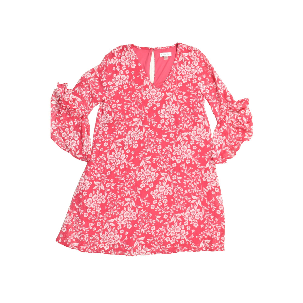 Calvin Klein Pink Floral Chiffon V-Neck Bell Sleeve Blouse Size 8